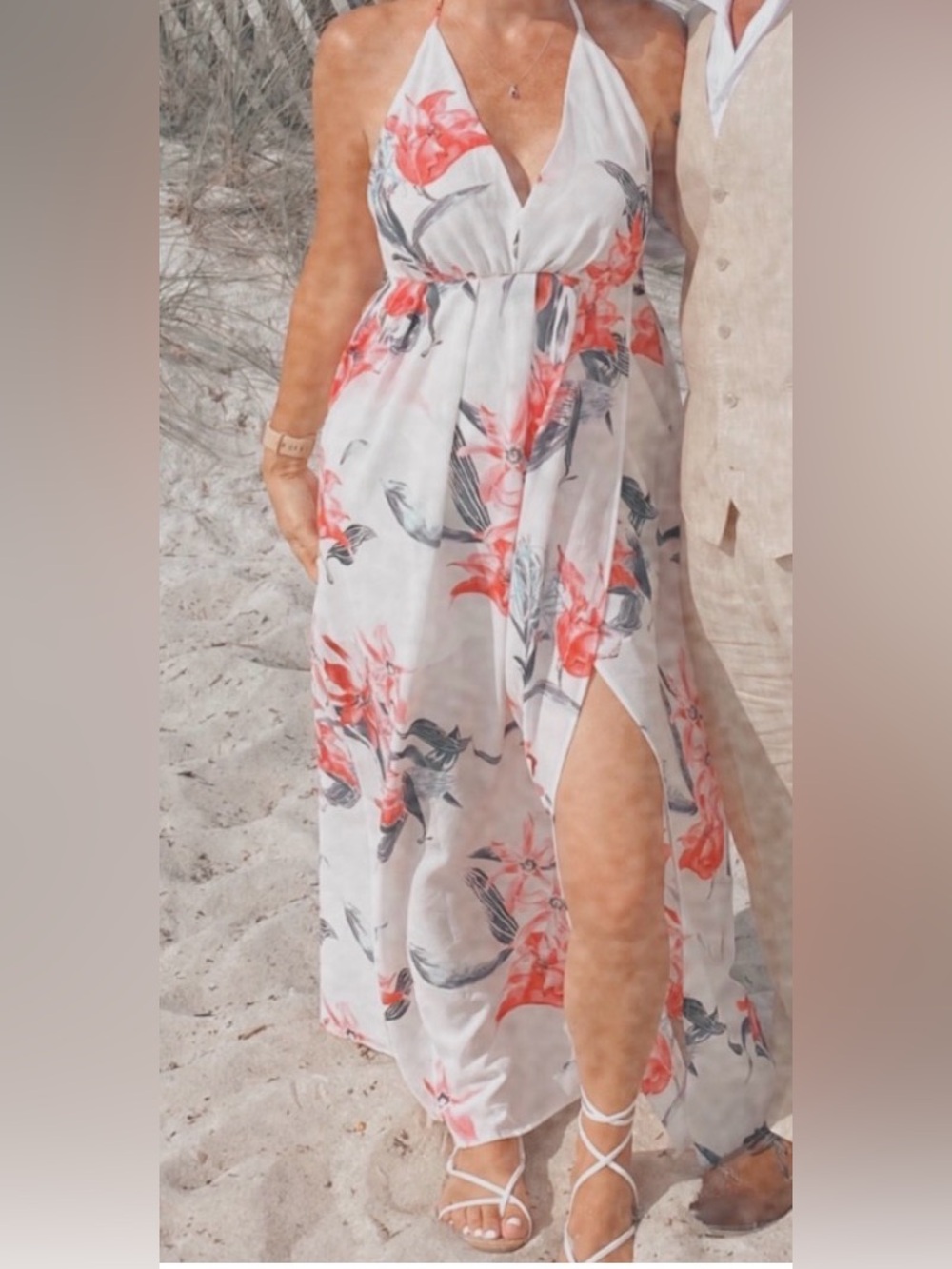 Simple White Maxi Skirt with Red Floral & Black Leaf Print